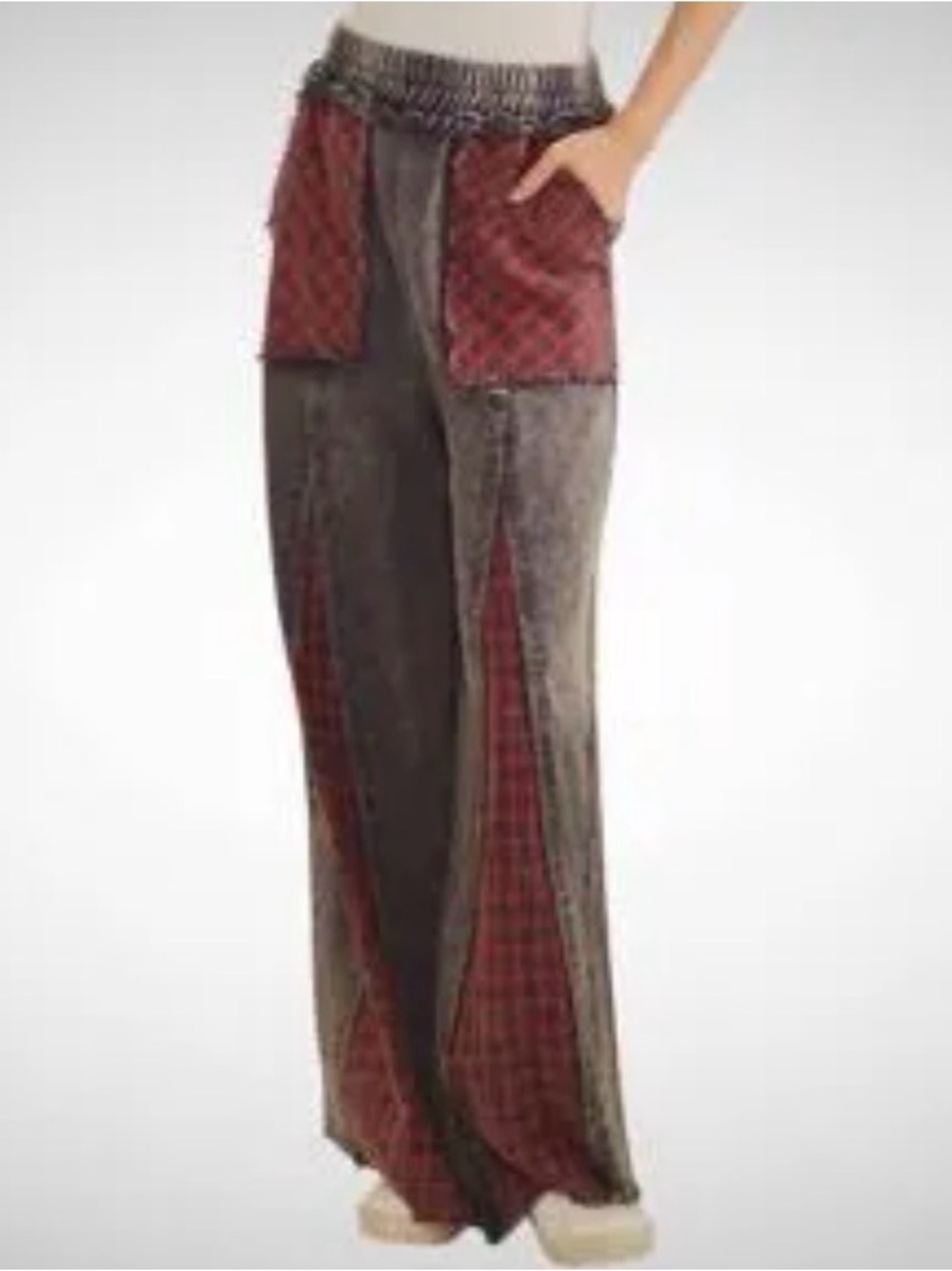 Wide Leg Patchwork Pants in Gray and Burgundy